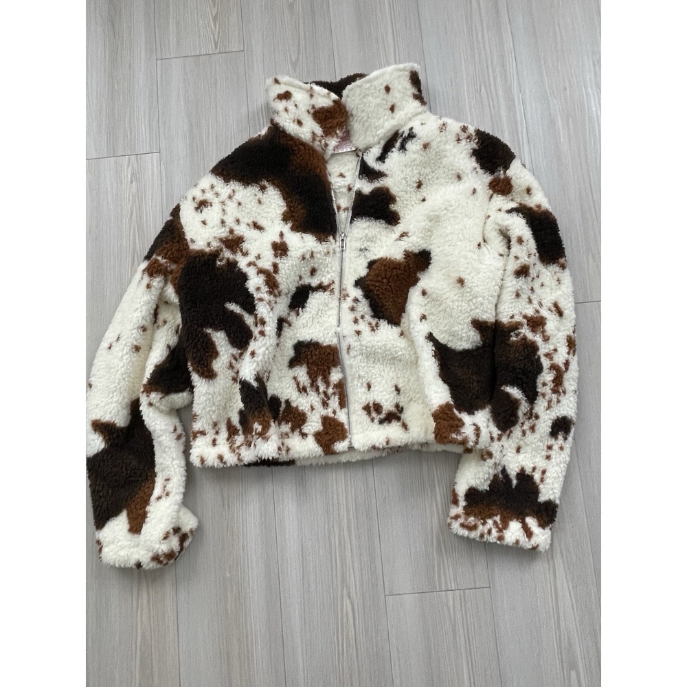 Wild Junkie Boutique Women's Cow Animal Print Fleece Fullzip Pullover Size Large